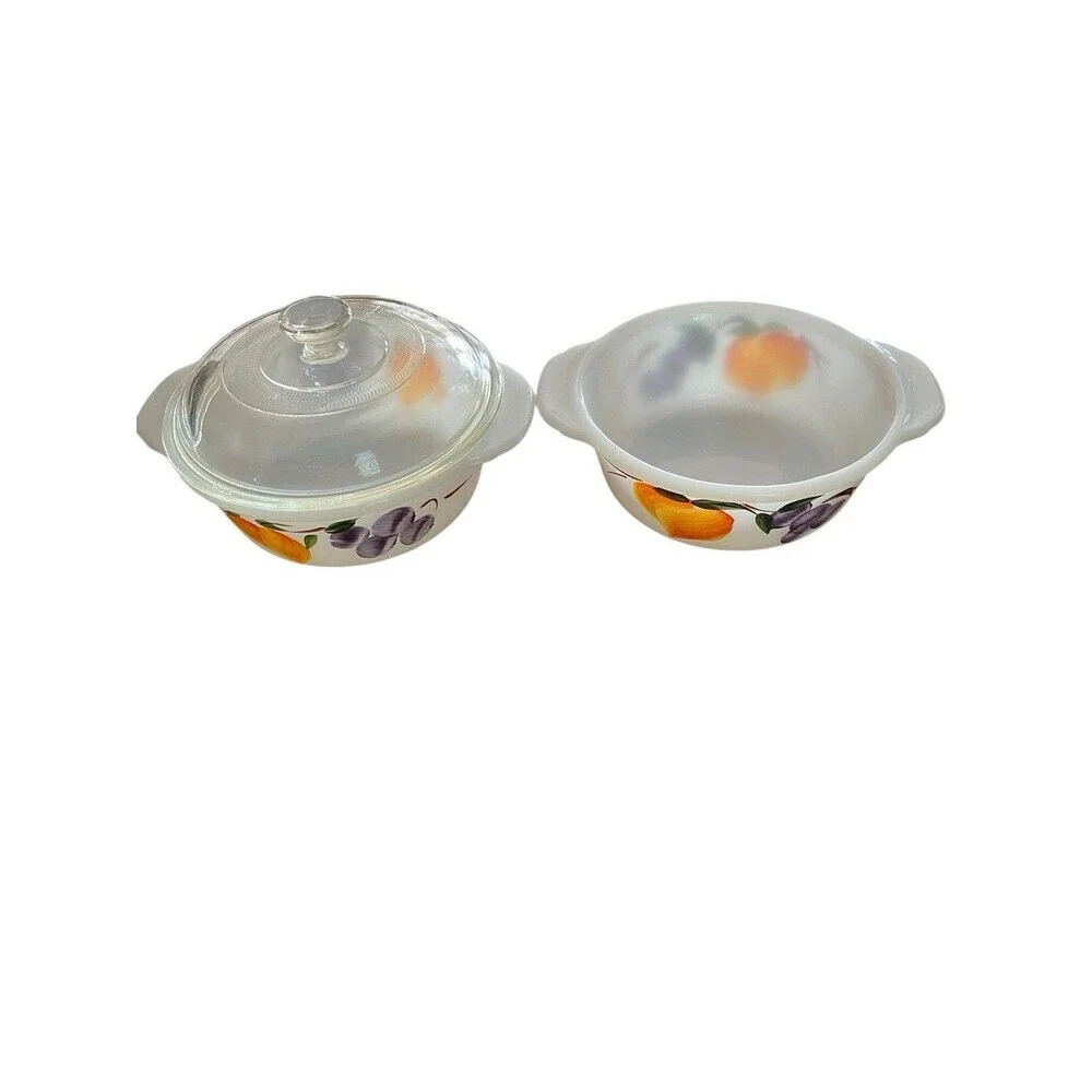 2 Fire King Gay Fad 1 Pt Casseroles & 1 Glass Lid #447 Fruit Anchor Hocking MCM